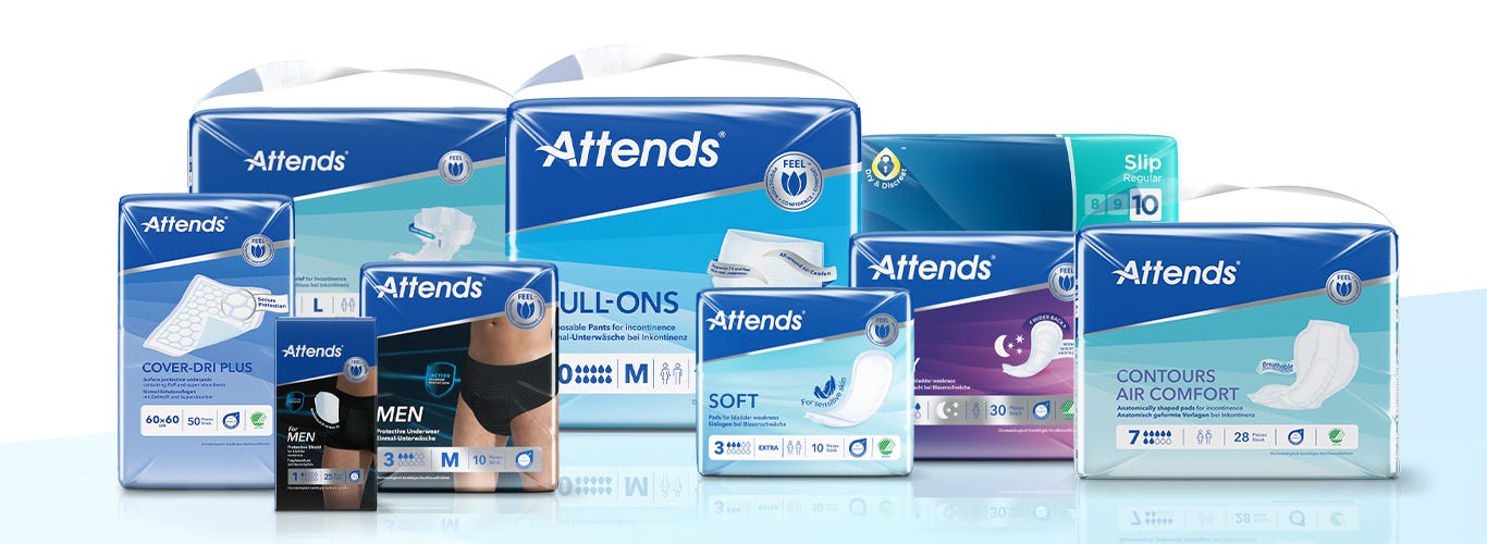 Attends Finn produkt produktveileder sortiment Men Discreet Pull-Ons Soft Buksebleier Innlegg Lady Nightpad Nattbind Overflatebeskyttelse Absorberende Beltebleie Flex Contours Fiksering Dråpesamler Svart undertøy